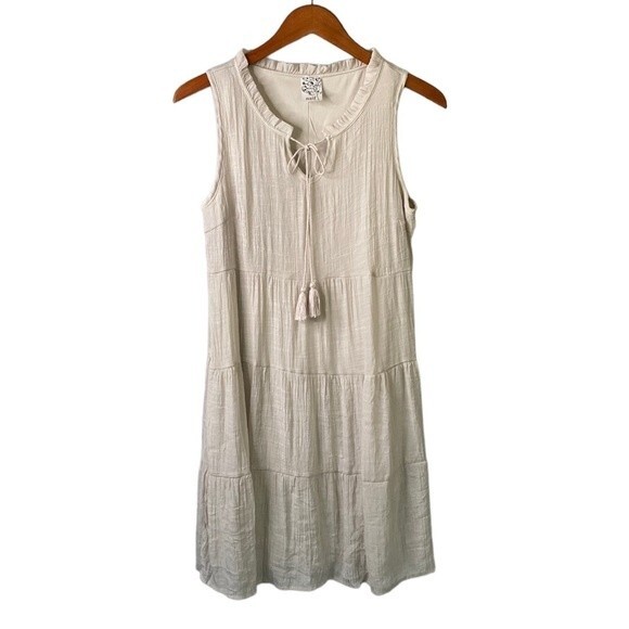 Naif Ruffle Split Neck Tie Tassel Sleeveless Tiered A-Line Dress Crinkle Gauze - Picture 1 of 12